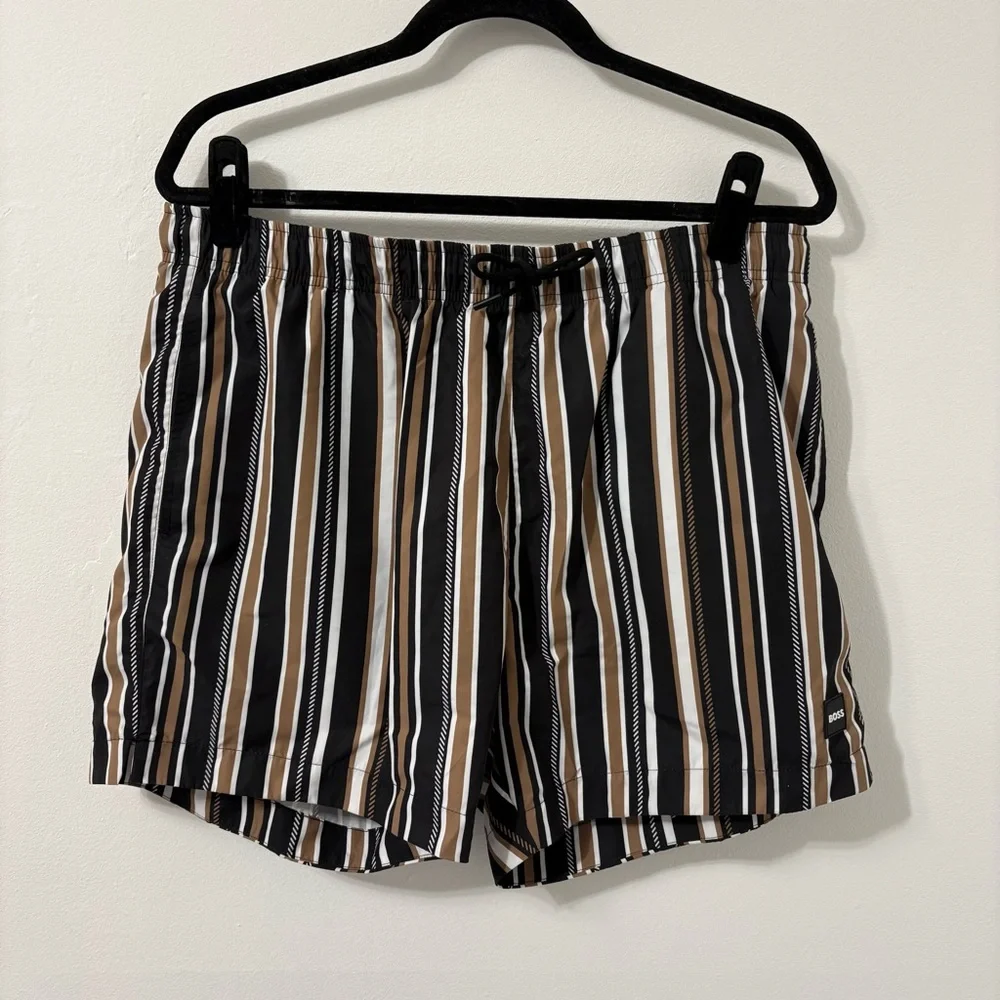 Hugo Boss Quick-Dry Fabric Brown Black Striped Swim Shorts Sz XL